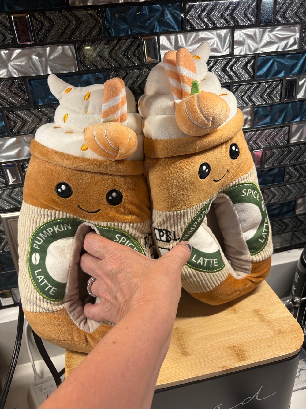 Pumpkin Spice Latte Plush Women's Slippers - Tan & Cream